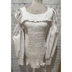 NWT Choosy White Rouched Puff Sleeve Cotton Dress Size Large